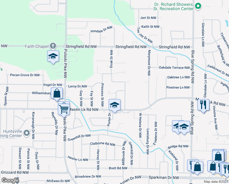 map of restaurants, bars, coffee shops, grocery stores, and more near 3613 Knollwood Drive Northwest in Huntsville