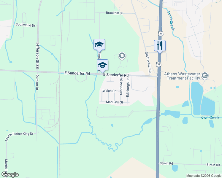 map of restaurants, bars, coffee shops, grocery stores, and more near 402 Welch Drive in Athens