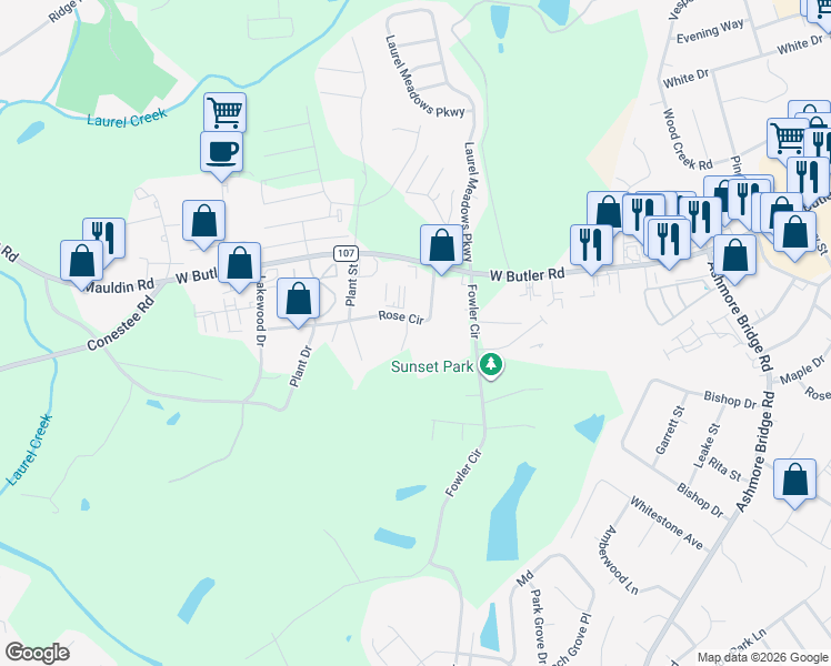 map of restaurants, bars, coffee shops, grocery stores, and more near 130 Rose Circle in Greenville