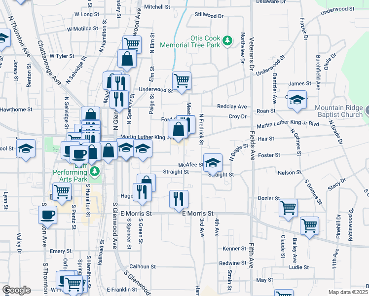 map of restaurants, bars, coffee shops, grocery stores, and more near 600 Martin Luther King Junior Boulevard in Dalton