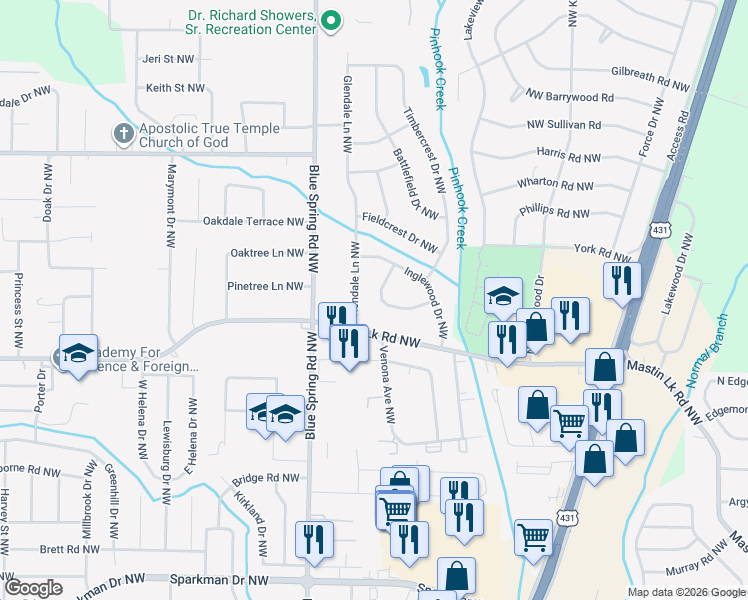 map of restaurants, bars, coffee shops, grocery stores, and more near 3504 Glendale Lane Northwest in Huntsville
