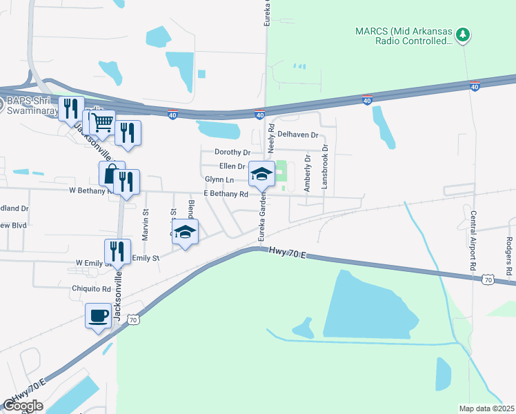 map of restaurants, bars, coffee shops, grocery stores, and more near 208 Eureka Garden Road in North Little Rock