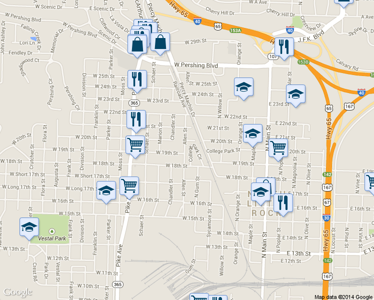map of restaurants, bars, coffee shops, grocery stores, and more near 123 College Park Circle in North Little Rock