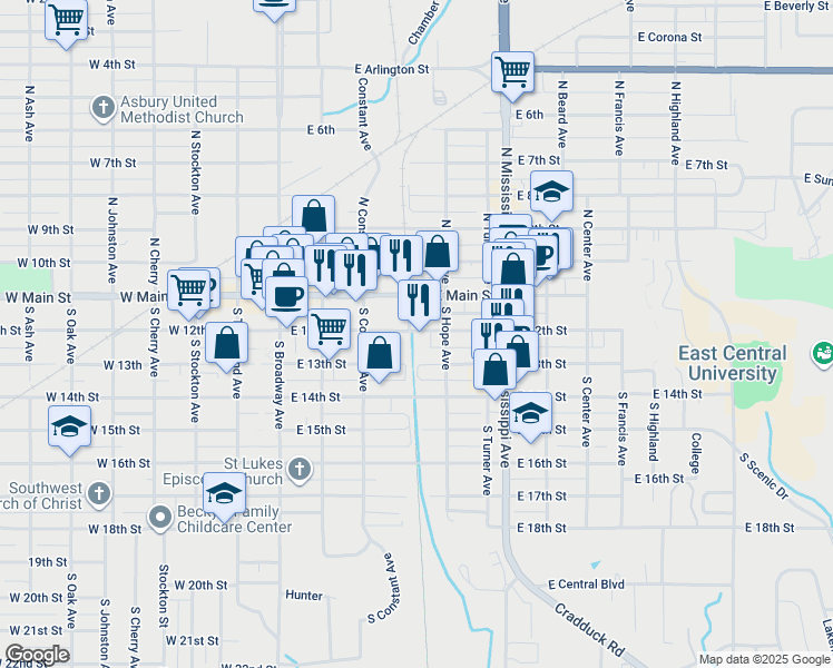 map of restaurants, bars, coffee shops, grocery stores, and more near 401 East 12th Avenue in Ada