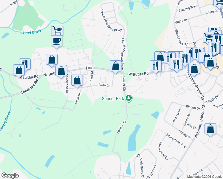 map of restaurants, bars, coffee shops, grocery stores, and more near 130 Rose Circle in Greenville