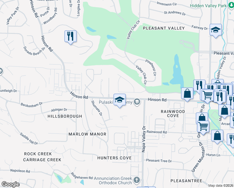 map of restaurants, bars, coffee shops, grocery stores, and more near 21 Cascades Drive in Little Rock