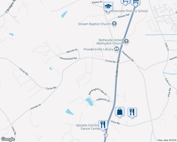 map of restaurants, bars, coffee shops, grocery stores, and more near 5 Circle Road in Easley