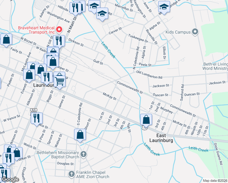 map of restaurants, bars, coffee shops, grocery stores, and more near 125 Corner Of McKay And First Street in Laurinburg
