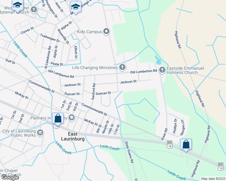 map of restaurants, bars, coffee shops, grocery stores, and more near 822 Duncan Street in Laurinburg