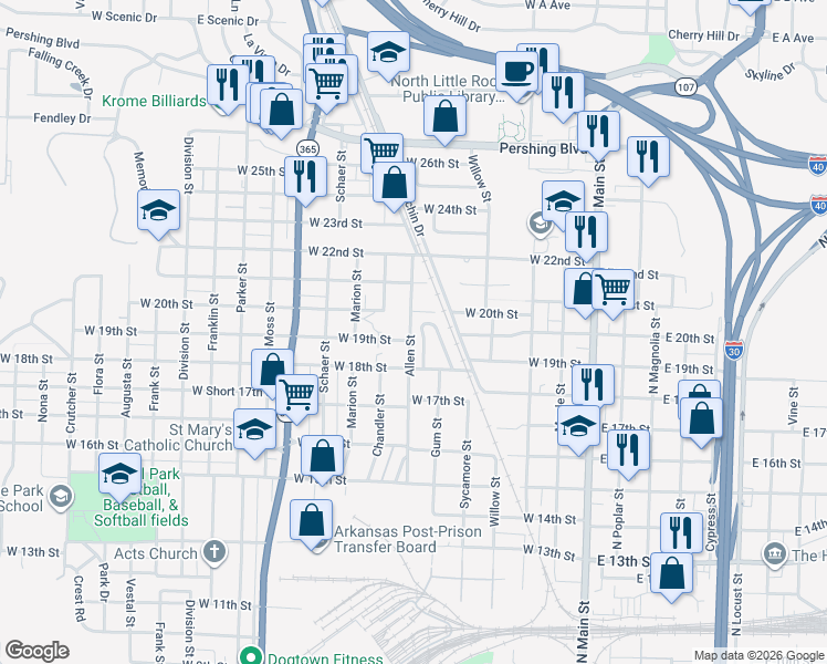 map of restaurants, bars, coffee shops, grocery stores, and more near 123 College Park Circle in North Little Rock