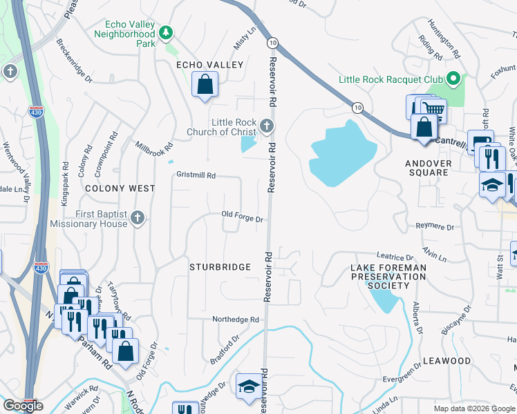 map of restaurants, bars, coffee shops, grocery stores, and more near 5 Summerland Court in Little Rock