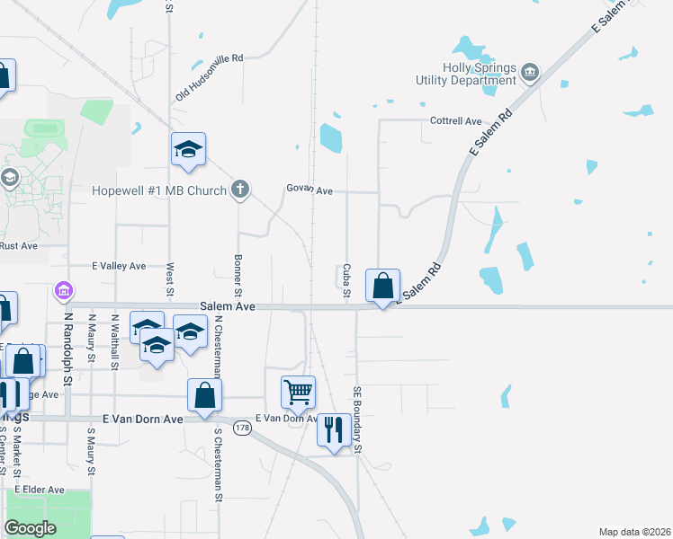 map of restaurants, bars, coffee shops, grocery stores, and more near 236 Chickasaw Street in Holly Springs