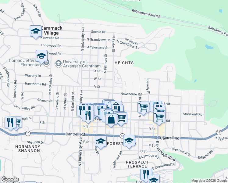 map of restaurants, bars, coffee shops, grocery stores, and more near 5517 Hawthorne Road in Little Rock
