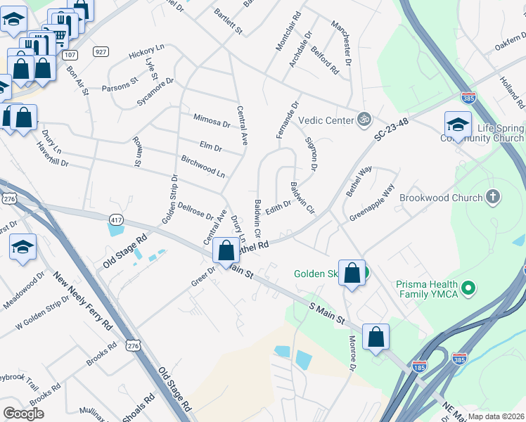 map of restaurants, bars, coffee shops, grocery stores, and more near 102 Baldwin Circle in Mauldin