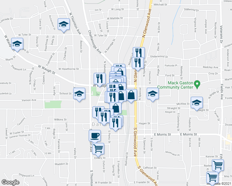 map of restaurants, bars, coffee shops, grocery stores, and more near 239 North Hamilton Street in Dalton