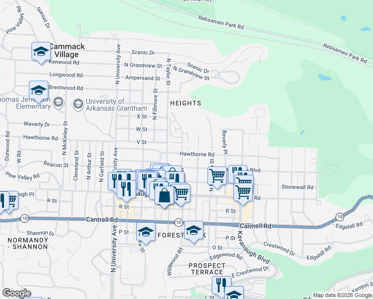 map of restaurants, bars, coffee shops, grocery stores, and more near 5413 Hawthorne Road in Little Rock