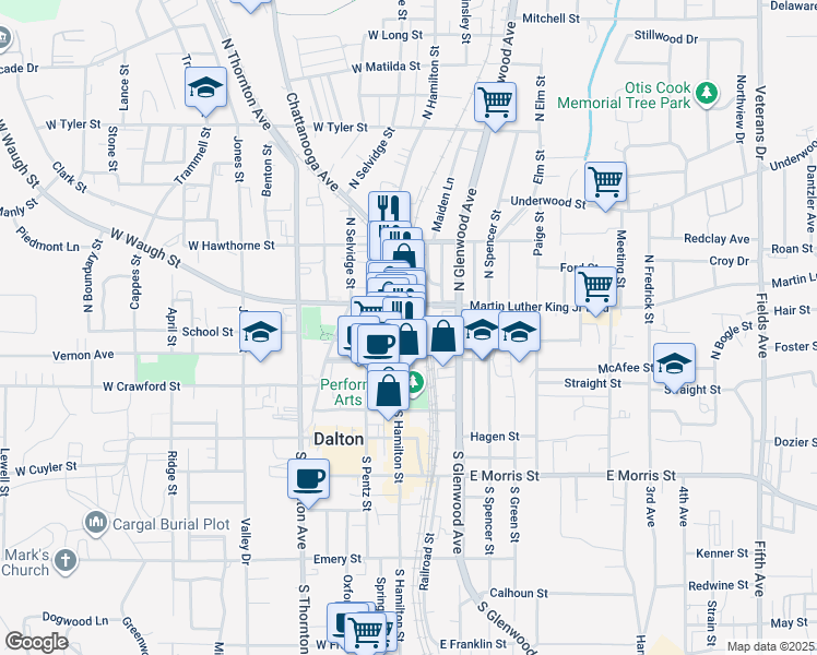 map of restaurants, bars, coffee shops, grocery stores, and more near 222 North Hamilton Street in Dalton