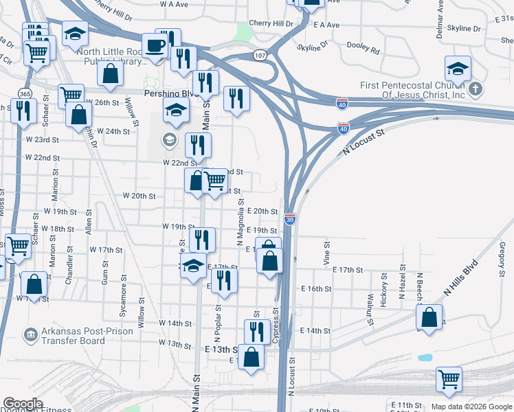 map of restaurants, bars, coffee shops, grocery stores, and more near 324 East 20th Street in North Little Rock