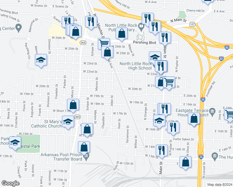 map of restaurants, bars, coffee shops, grocery stores, and more near 123 College Park Circle in North Little Rock