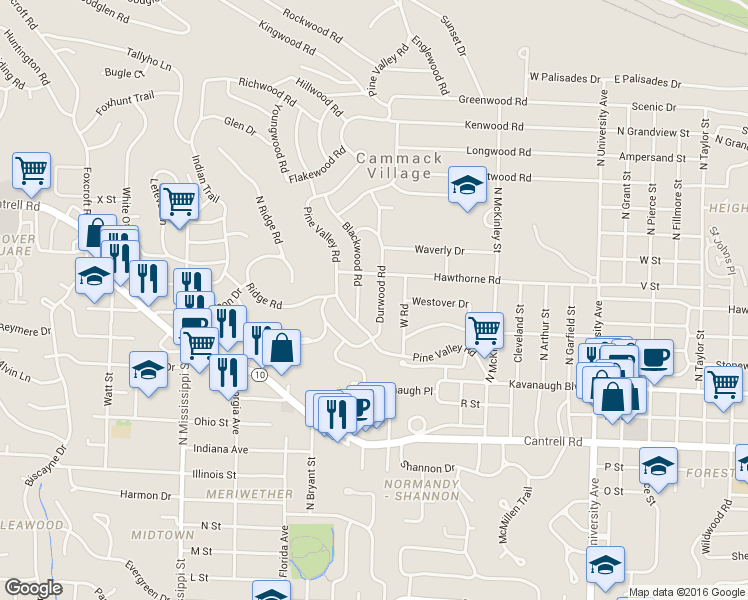 map of restaurants, bars, coffee shops, grocery stores, and more near 2217 Blackwood Road in Little Rock