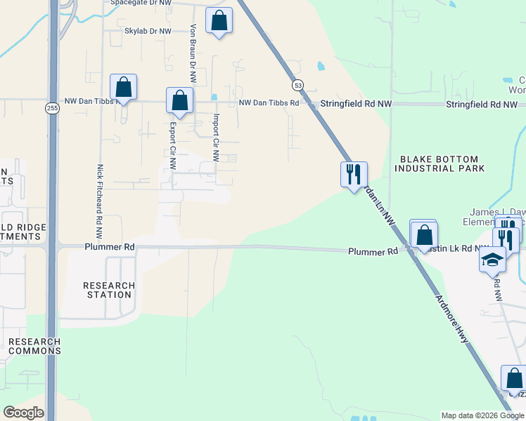 map of restaurants, bars, coffee shops, grocery stores, and more near 276 Springhill Road Northwest in Huntsville