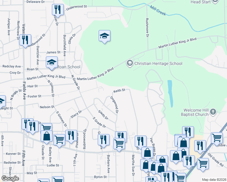 map of restaurants, bars, coffee shops, grocery stores, and more near 131 Keith Street in Dalton