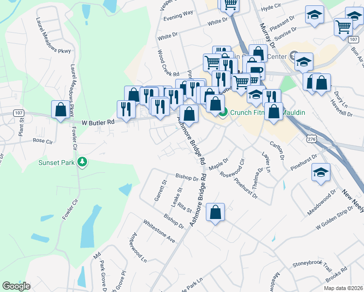 map of restaurants, bars, coffee shops, grocery stores, and more near 501 Fagin Circle in Mauldin