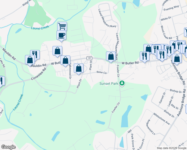 map of restaurants, bars, coffee shops, grocery stores, and more near 104 Plant Street in Greenville
