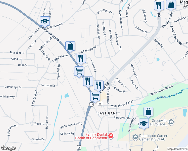 map of restaurants, bars, coffee shops, grocery stores, and more near 342 White Horse Road in Greenville