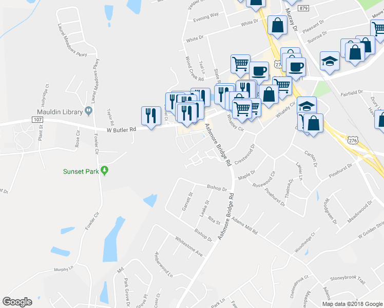 map of restaurants, bars, coffee shops, grocery stores, and more near 132 Bumble Circle in Mauldin