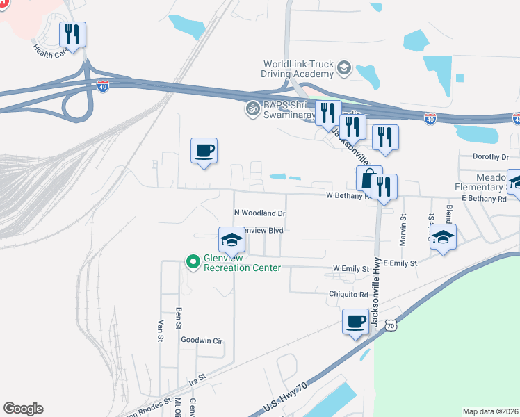 map of restaurants, bars, coffee shops, grocery stores, and more near 5100 North Woodland Drive in North Little Rock
