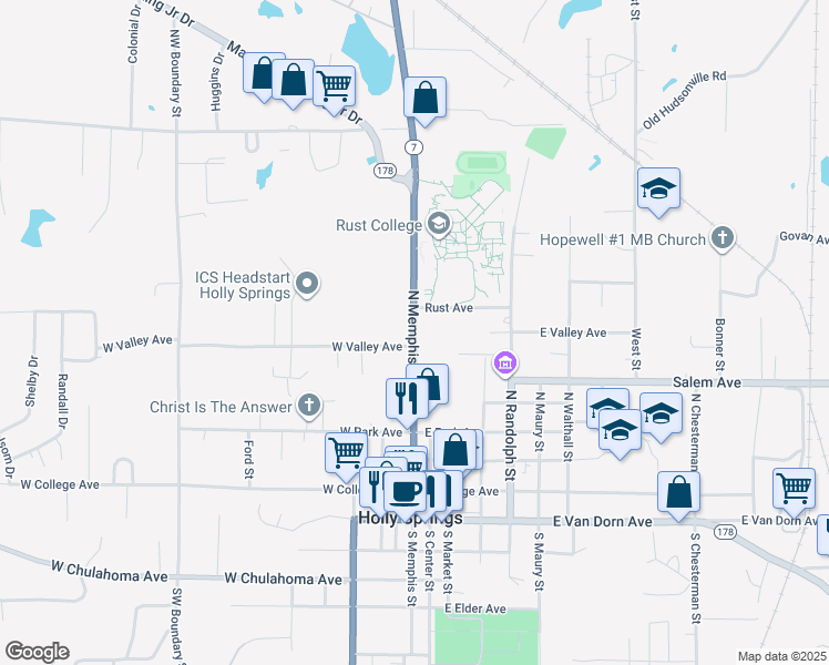 map of restaurants, bars, coffee shops, grocery stores, and more near North Memphis Street in Holly Springs