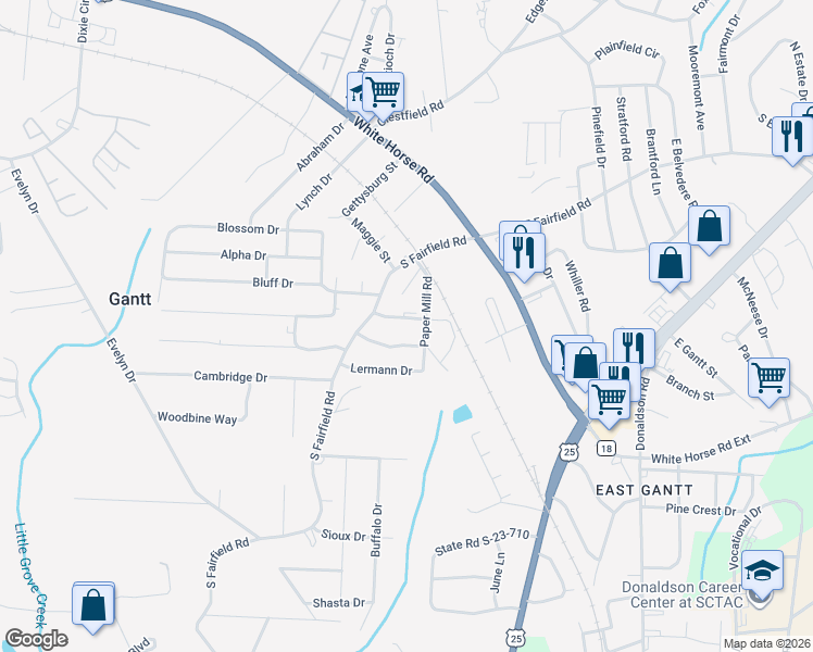 map of restaurants, bars, coffee shops, grocery stores, and more near 15 Ledford Drive in Greenville