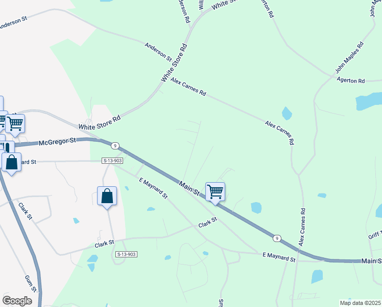 map of restaurants, bars, coffee shops, grocery stores, and more near J L Green Road in Pageland