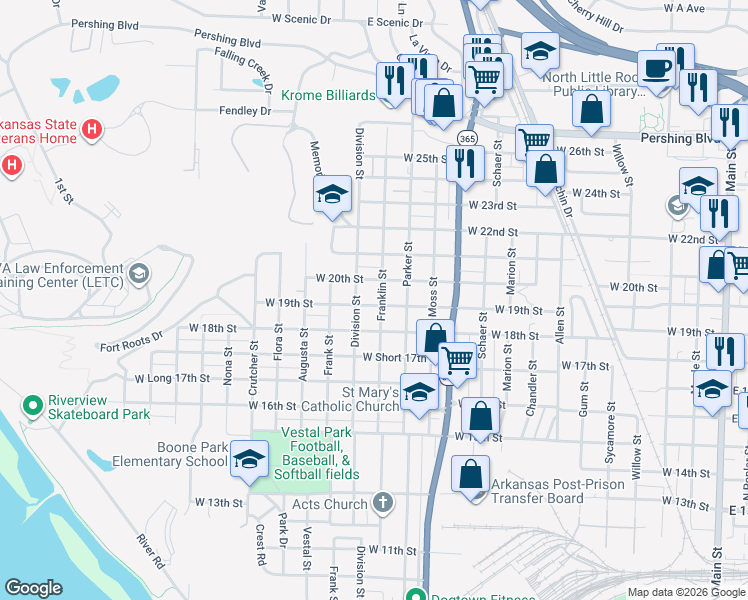 map of restaurants, bars, coffee shops, grocery stores, and more near 1816 Franklin Street in North Little Rock
