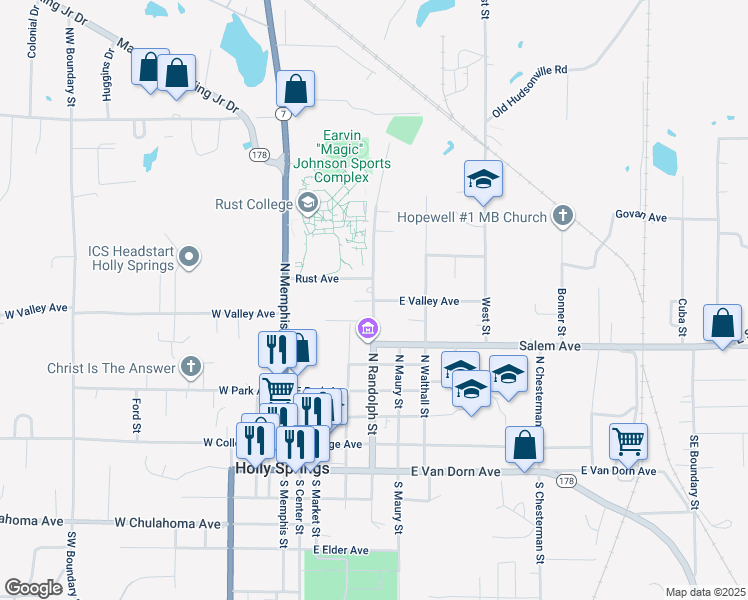 map of restaurants, bars, coffee shops, grocery stores, and more near 210 East Valley Avenue in Holly Springs
