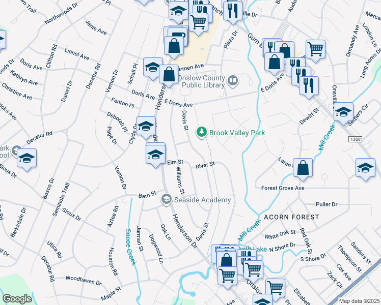 map of restaurants, bars, coffee shops, grocery stores, and more near 702 Elm Street in Jacksonville