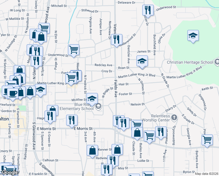 map of restaurants, bars, coffee shops, grocery stores, and more near 207 Fields Avenue in Dalton
