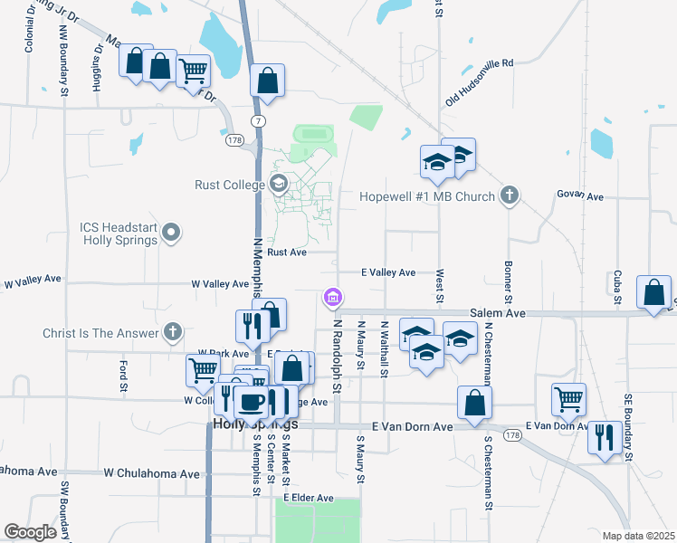 map of restaurants, bars, coffee shops, grocery stores, and more near 210 East Valley Avenue in Holly Springs