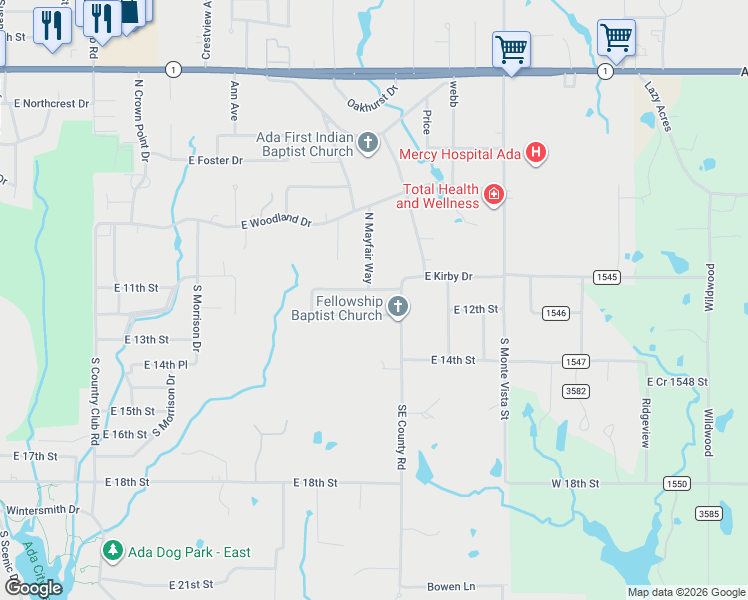 map of restaurants, bars, coffee shops, grocery stores, and more near 2431 East Foliage Drive in Ada