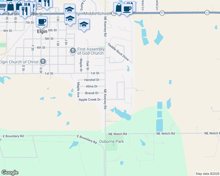 map of restaurants, bars, coffee shops, grocery stores, and more near 1215 Brandi Drive in Elgin