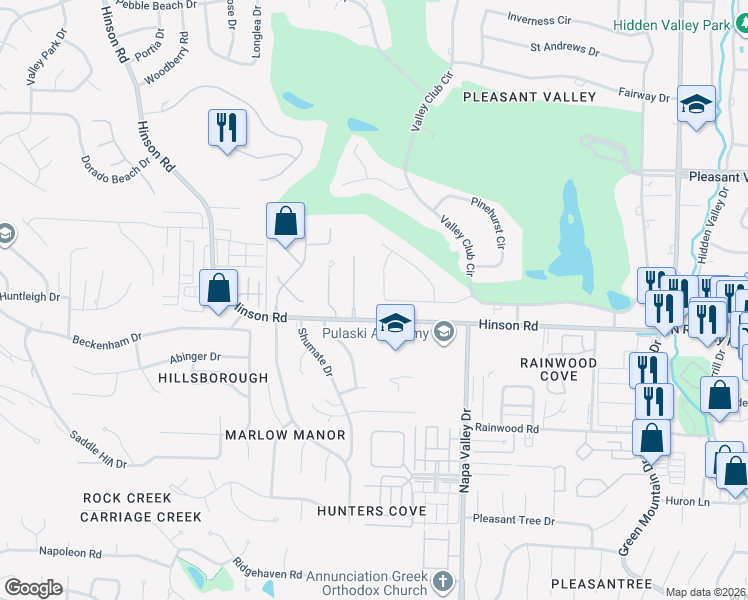 map of restaurants, bars, coffee shops, grocery stores, and more near 21 Cascades Drive in Little Rock