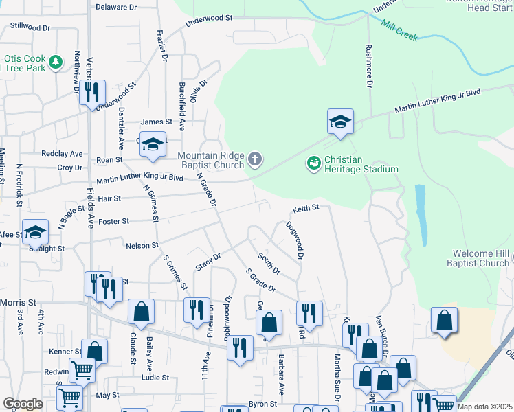 map of restaurants, bars, coffee shops, grocery stores, and more near 209 Mountain View Drive in Dalton