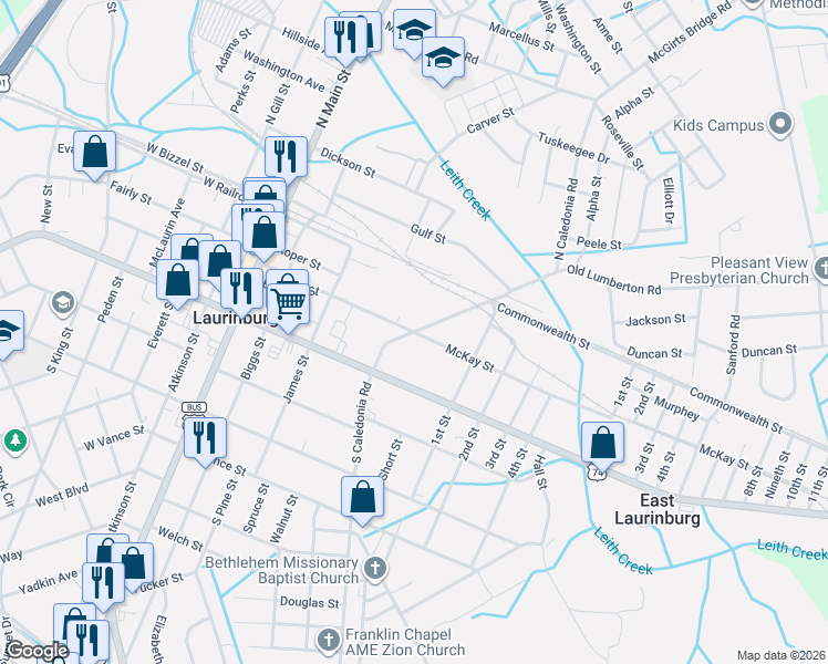 map of restaurants, bars, coffee shops, grocery stores, and more near McKay Street in Laurinburg