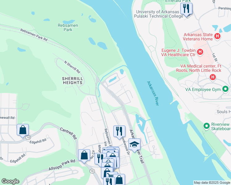map of restaurants, bars, coffee shops, grocery stores, and more near 2501 Riverfront Drive in Little Rock