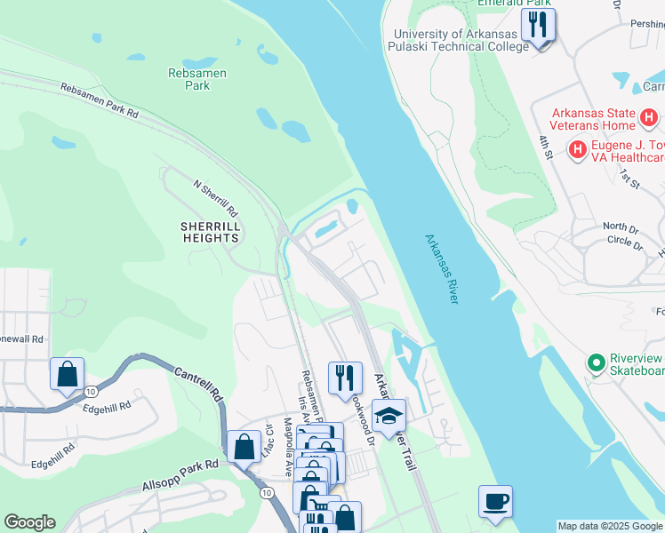 map of restaurants, bars, coffee shops, grocery stores, and more near 2501 Riverfront Drive in Little Rock