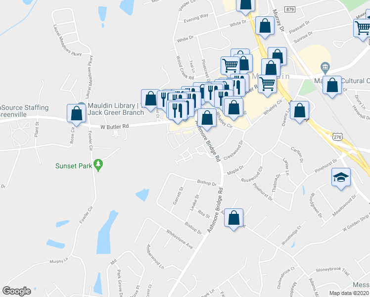 map of restaurants, bars, coffee shops, grocery stores, and more near 124 Bumble Circle in Mauldin