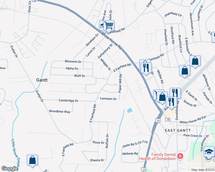 map of restaurants, bars, coffee shops, grocery stores, and more near 608 South Fairfield Road in Greenville