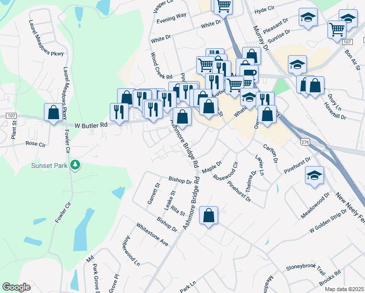 map of restaurants, bars, coffee shops, grocery stores, and more near 24 Sikes Circle in Mauldin
