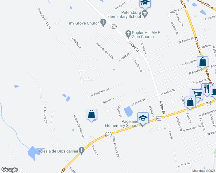 map of restaurants, bars, coffee shops, grocery stores, and more near 930 West Elizabeth Street in Pageland